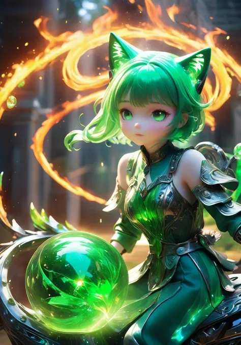 ((masterpiece)),(best quality),official art,extremely detailed CG,unity 8k wallpaper,ultra detailed,highly detailed,detailed background,vivid color,photorealistic,perfect lighting,best illumination,
fire_lit_DC,1girl,green glow,riding on green fireball,magic,
outdoor,cat in green fireball,