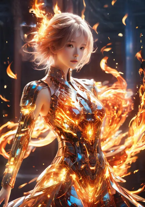 (Masterpiece, high quality, best quality, official art, beauty and aesthetics:1.2),ukl,(fire element:1.1),composed of fire elements,(1girl:1.45),(gundam:0.6),highly realistic,graceful poses,transparency,Sci-fi light effects,(Illuminated circuit board:1.6),dress,flame,