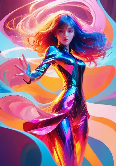 (1 Girl:1.4),Fantasy,Fighting Pose,Most Beautiful Chaotic Form,Elegant,Brutalist Design,(Vivid Colors:1.2),Romanticism,High Quality CG Animation,(Joshua Middleton Comic Cover Art:1.1),official art,ukl,clothes and hair the same color colorful,(gradient:0.7),