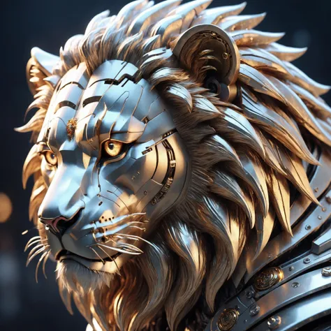 1 only use metal to make lion, mane, cyborg, (intricate details), hdr,(intricate details, hyperdetailed:1.2), cinematic shot, ((Masterpiece, high quality, best quality, official art, beautiful and aesthetics, detailed face, detailed eyes)),