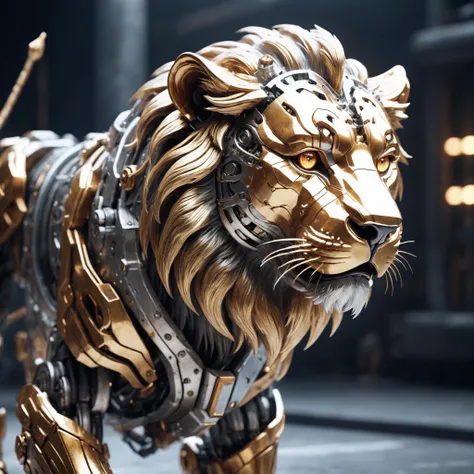 1 only use metal to make lion, mane, cyborg, (intricate details), hdr,(intricate details, hyperdetailed:1.2), cinematic shot, ((Masterpiece, high quality, best quality, official art, beautiful and aesthetics, detailed face, detailed eyes)),