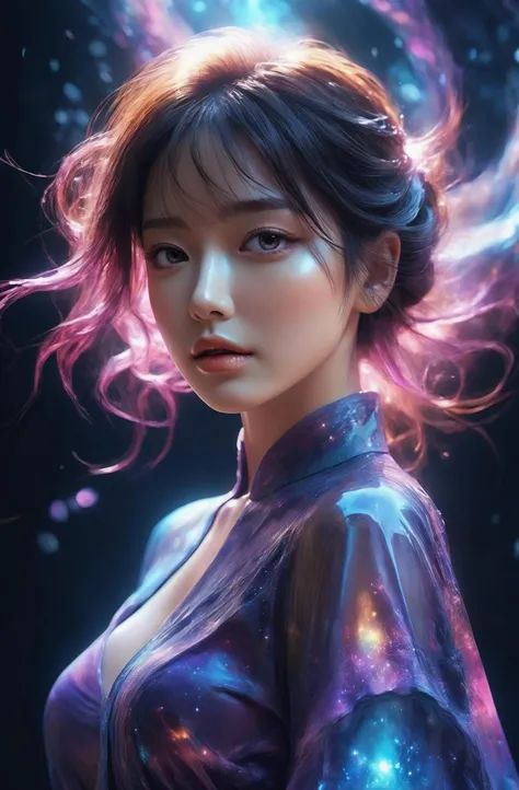 rich colors,high contrast,sexy full shot body photo of the most beautiful artwork in the world,illustration,cinematic light,fantasy,highres,highest quallity,ultra detailed,best quality,masterpiece,(detailed face),(slutty) woman wears a shirt and (torn) fullbody (transparent galaxy) cloths coat,floating cloth,see throug,choker,fantasy forest with glowing neon details,