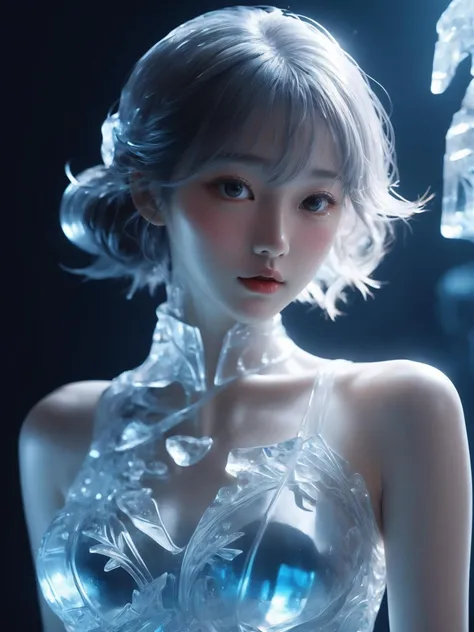 (a statue of a girl carved from ice, the body is completely transparent:1.6), (glowing fluorescent effect), sexy Korean idol face, wavy hair, from below, (upper thighs shot),