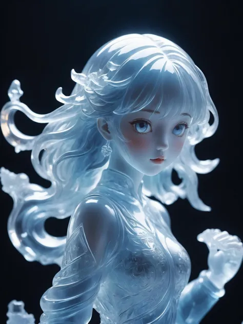 (a statue of a girl carved from ice, the body is completely transparent:1.6), (glowing fluorescent effect:1.3), sexy Korean idol face, wavy hair, from below, (upper thighs shot),