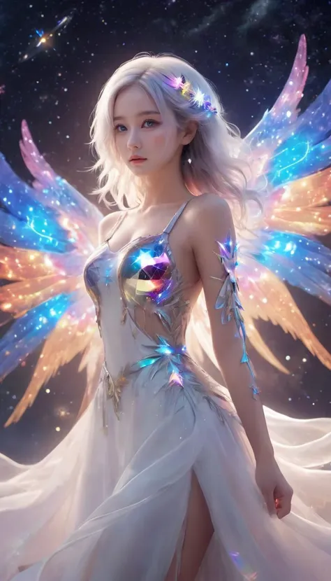 ((solo)),((cowboy shot)),(((a beautiful girl))),((small_breasts)),((looking at viewer)),(galaxy adorns colorful wings),(((starry_wings,galaxy_wings):1.3)),(Glowing line tattoos),(galaxy adorns colorful dress:1.3),(Glowing halo),(beautiful eyes),white hair,((white background:1.4)),((standding)),