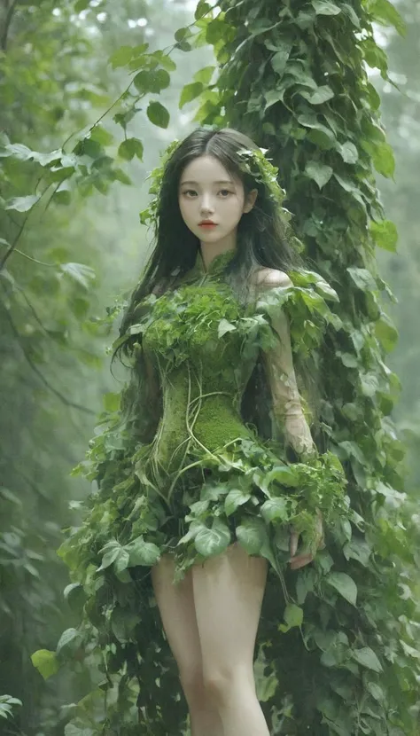 <lora:xl-shanbailing-1103Wood elements-bailong plant girl:0.8>,bailong plant girl,(1girl:1.1),A girl made of fresh plants,1girl,leaf,outdoors,realistic,vines,Tree,in the outdoor forest,