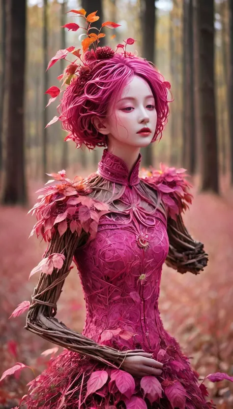 <lora:xl-shanbailing-1103Wood elements-bailong plant girl:0.8>,bailong plant girl,(1girl:1.1),a girl made out of dead pink plants,in the outdoor forest,in autumn,