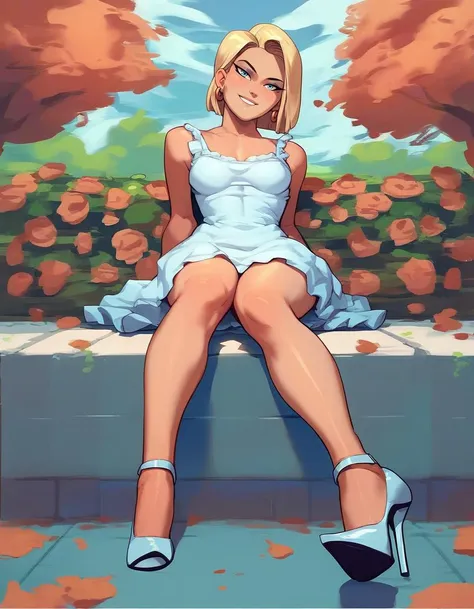 score_9, score_8_up, score_7_up, score_6_up, score_5_up, score_4_up, source_anime, rating_explicit, Android_18, solo, female, smile, looking at viewer, sundress, high heels, sitting in park, makeup, vintage, <lora:somethingunlimited-guy-PONYv1:1>