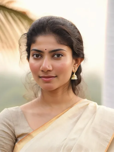 ultrarealistic hires close up photo of a 30-year-old sai pallavi woman, outdoors, realistic skin texture, looking looking at camera, high collar intricate (cotton_saree_blouse:1.2), beautiful bokeh background (((((saree naval belly))))