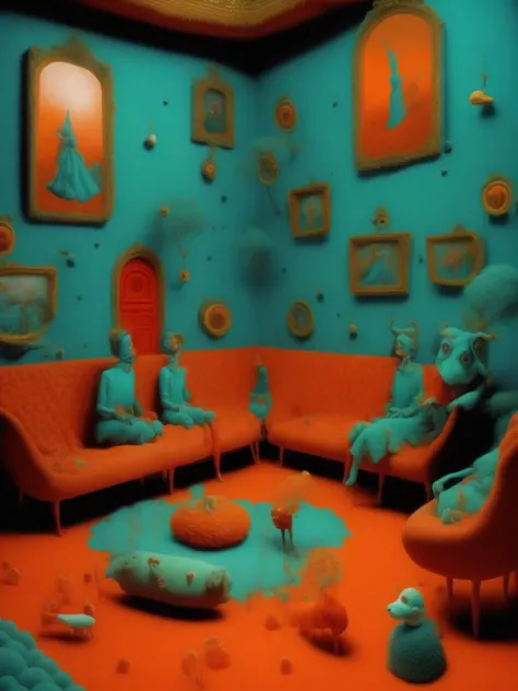 <lora:SandySkoglund:1>a living room, art style by [sandy skoglund + Eugenio Recuenco + goya]
