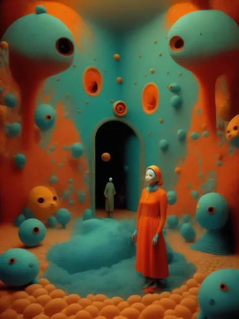 <lora:SandySkoglund:1>a person welcomed to the asylum surrounded by people doing strange activities, excited cataract statues, interconnectedness, multi-species entanglements, dramatic surprises in the daydream echoes the zeitgeist, in the style of sandy skoglund, in the style of fay godwin,