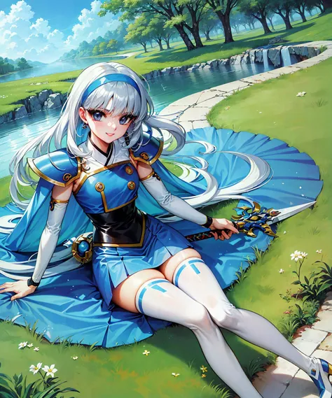 (Masterpiece, Best Quality), highres, (8k resolution wallpaper), (Traditional Media:1.2), Manga, 1990s \(style\), ((2d:1.2)), retro artstyle, Rayearth, 1girl, Official art, (best illustration), dynamic angle, dynamic pose, clamp \(circle\) \(style\), <lora:Magic_Knight_Rayearth-11:0.9>, ryuuzaki umi, aged up, portrait, (cowboy shot:1.3), (thick lineart), dramatic, sitting, (perfect face), (detailed face, deep eyes), beautiful, very long hair, absurdly long hair, eyebrows visible through hair, blue hair, blunt bangs, (blue eyes), looking at viewer, (serious), smile, lipstick, blue headband, shoulder armor, pauldrons, blue cape, blue skirt, thighhighs, white footwear, long sleeves,holding (sword), water, (light particles), highly detailed, focus face, (intricate), outdoors, fire, skirt, outdoors, thick waist and thighs:0.5, shiny, nature, tree, wide shot, (full angle view), atmosphere, (amazing composition), chromatic aberration:0.3, marker \(medium\), (fantasy), (vibrant colors)
