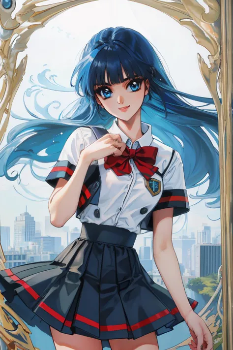 (best quality, masterpiece, RAW photo,ultra-detailed:1.2), <lyco:GoodHands-beta2:1.0>,1girl,solo,looking at viewer,smile <lyco:Magic_Knight_Rayearth-10:1.05>Rayearth <lyco:anime_minimalist_v1-000020:-0.4> cowboy shot,
blue long hair, blue eyes, school uniform, large breasts,