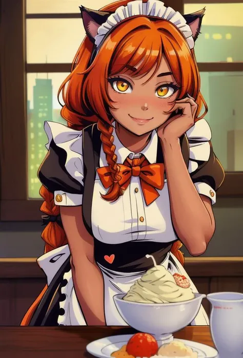 1girl, apron, blurry_background, focus_foreground, braids, city, city_lights, depth_of_field, hand_on_own_face, head_rest, leaning_forward, long_hair, looking_at_viewer, maid, maid_apron, maid_headdress, night, puffy_sleeves, short_sleeves, smile, solo, twin_braids, best quality, masterpiece, highres, heart-shaped-pupils, orange-yellow_eyes, reddish-orange_hair, cat_ears, catgirl_maid, bowtie, kao_dekai maido cafe, slightly_tanned