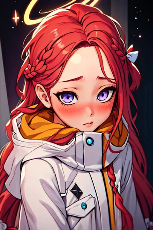 (masterpiece, best quality), 1girl, beautiful face, <lora:yuzu_bluearchive:1> yuzu_bluearchive, long_hair, red_hair, blush, forehead, halo, bow, blue_eyes, braid, hair_bow, very_long_hair, purple_eyes