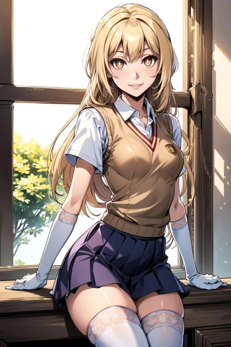 masterpiece, perfect lighting, hmmisaki, 1girl, long hair, symbol-shaped pupils, +_+, sexy, attractive, small breasts, tokiwadai school uniform, sweater vest, short sleeves, white gloves, elbow gloves, pleated skirt, white thighhighs, <lora:shokuhou_misaki_v2:0.4>, light smile