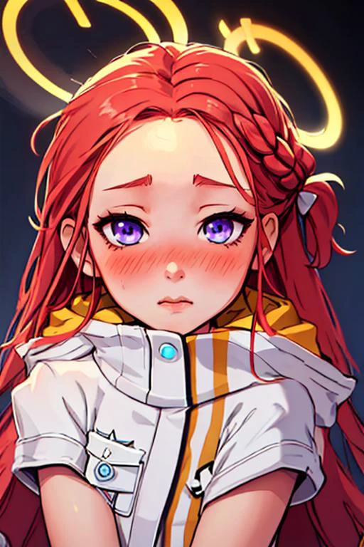 (masterpiece, best quality), 1girl, beautiful face, <lora:yuzu_bluearchive:1> yuzu_bluearchive, long_hair, red_hair, blush, forehead, halo, bow, blue_eyes, braid, hair_bow, very_long_hair, purple_eyes