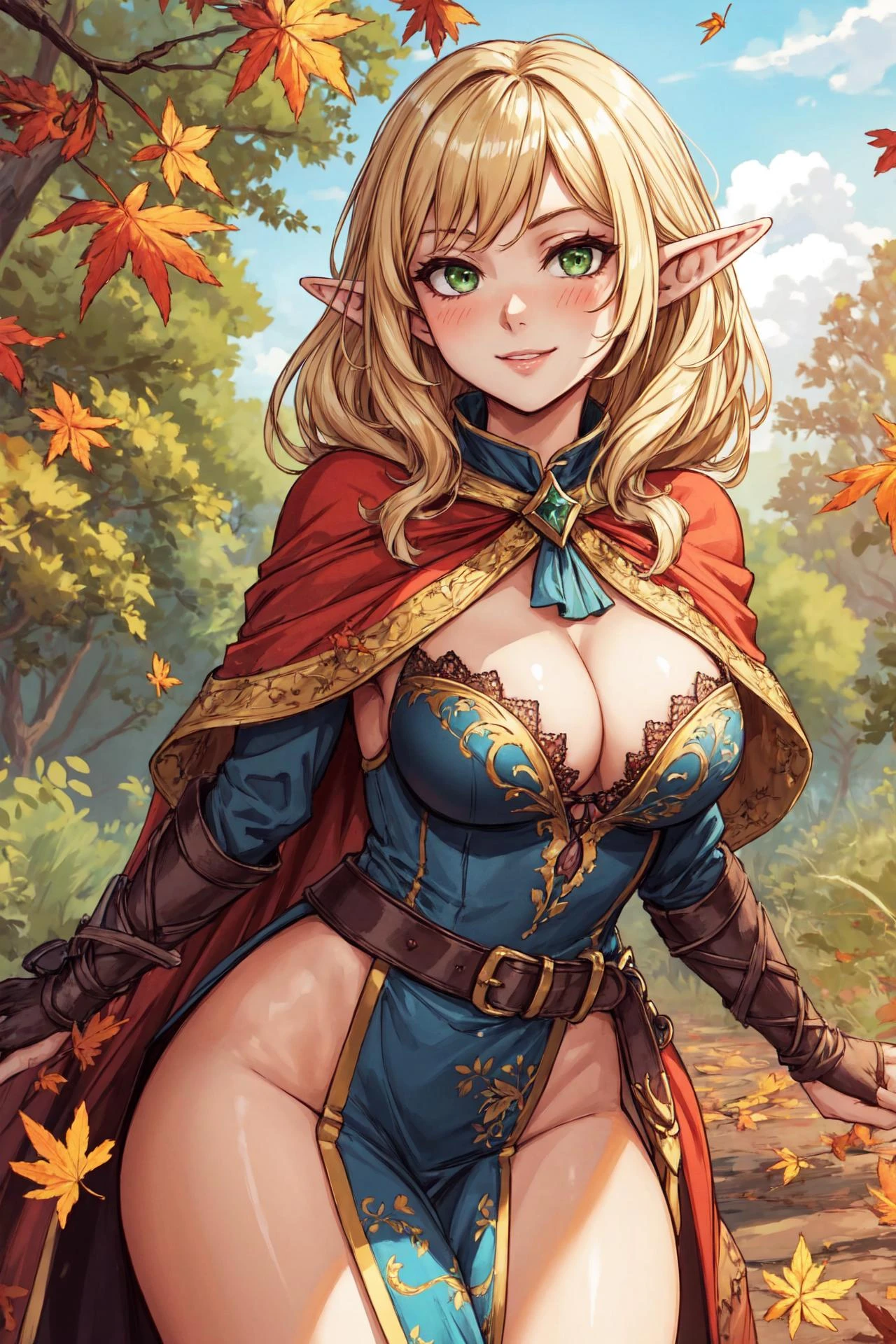 <lora:add_detail:0.3:lbw=ALL>,
masterpiece, best quality, (highres, cg 8k illustration),
((1girl as elf with pointy ears)) and
(detailed face and glossy detailed green eyes),
(blurry background, simple background, depth of field),
(painterly, beautiful and delicate), authentic, fine details, ((nsfw)),
(solo, female focus, solo focus), face focus, empty hands,
(she wears capelet and side slit ornate tabard) and long sleeves,
(looking at viewer), blushing, elegant innocent, light smile,
bursting breasts, cleavage, bare legs,
dynamic pose, upright,
outdoors, in autumn forest, falling leaves, morning,
cowboy shot, medium shot,
(sharp, outline), cel shading, fantasy, toon \(style\), baroque oil painting \(medium\),