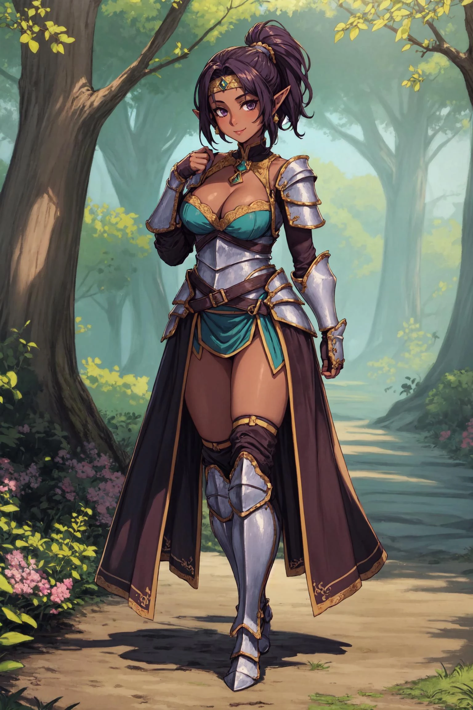 <lora:add_detail:0.3>,
masterpiece, best quality, (highres, cg 8k illustration),
((1girl as elf knight with pointy ears and long ponytail green hair and swept bangs and dark skin)) and
(detailed face and glossy detailed purple eyes) and glossy lips,
(blurry background, depth of field),
(painterly, beautiful and delicate), authentic, fine details, nsfw,
(solo, female focus, solo focus, full body), face focus, empty hands,
(she is armored and wears white medieval highleg steel knight white armor and armored tassets) and armored steel headband and elbow gloves and armored thighboots,
cleavage,
looking at viewer, confident friendly, light smile,
standing upright,
on a pebbled path through the forest,
(sharp, outline), cel shading, fantasy, baroque, oil painting \(medium\),