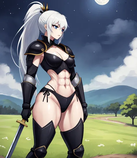 (masterpiece, best quality), from below ,(1girl), (), (mature female, feminine face, beautiful face, solo, medieval armor, steel armor <lora:Clothing Medieval Armour by Derek_627:0.3>, sheathed sword, small breasts, slim hips, thick thighs), pale skin, muscular <lora:BodyType Wheyfu by Ynagoya:0.2>, blue eyes, ponytail, white hair, looking away, (countryside, moonlight <lora:Slider Gloomifier by PotatCat:0.4>), art by jadf
<lora:canvassolaris-08 style:0.24> <lora:Jadf style:1>