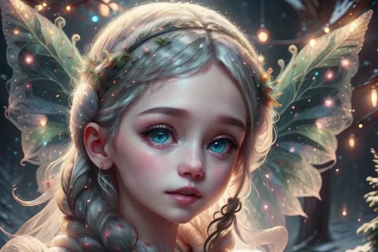 RAW photo,award winning photo,(masterpiece:1.3),(best quality,ultra detailed,intricate),(pretty eyes:1.2),open bright eyes,"dark clear winter sky with colorful aurora lights",<lora:aurora-style-richy-v1:0.8>,aurora-style,, winter fairy, glittery face, transparent wing, transparent Christmas style close, at the north-pole , Santa's workshop
