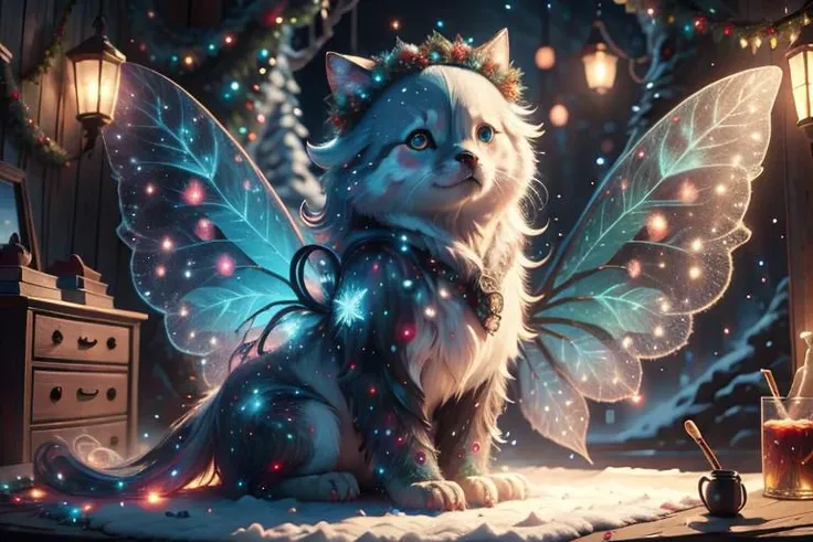 RAW photo,award winning photo,(masterpiece:1.3),(best quality,ultra detailed,intricate),(pretty eyes:1.2),open bright eyes,"dark clear winter sky with colorful aurora lights",<lora:aurora-style-richy-v1:0.8>,aurora-style,, winter fairy, glittery face, transparent wing, transparent Christmas style close, at the north-pole , Santa's workshop