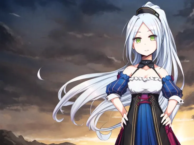 1girl, <lora:Laputa_v1:0.8>ahoge, ojou,high ponytail,long skirt, multicolored clothes,, <lora:flatBG:-0.5> ,<lora:flat2:-0.5>,(dark light:1.2),(hyper extreme detailed),(masterpeace:0.5),(hyper extreme),(photorealistic),game cg,llustration,novel illustration,beautiful lighting,light from the front,good_hands,beautiful art ,BREAK, <lyco:GoodHands-beta2:1.2>,(good hand,nice hands, perfect hands:1.3),(five finger:1.4),straight fingers,perfect fingers,beauty fingers,, standing,hand on hip, BREAK