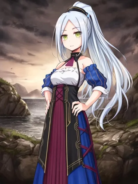 1girl, <lora:Laputa_v1:0.8>ahoge, ojou,high ponytail,long skirt, multicolored clothes,, <lora:flatBG:-0.5> ,<lora:flat2:-0.5>,(dark light:1.2),(hyper extreme detailed),(masterpeace:0.5),(hyper extreme),(photorealistic),game cg,llustration,novel illustration,beautiful lighting,light from the front,good_hands,beautiful art ,BREAK, <lyco:GoodHands-beta2:1.2>,(good hand,nice hands, perfect hands:1.3),(five finger:1.4),straight fingers,perfect fingers,beauty fingers,, standing,hand on hip, BREAK