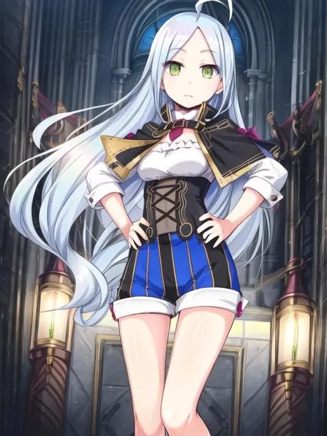 1girl,  <lora:Laputa_v1:0.8>laputa,ahoge,  shiromusu,shorts, capelet,, <lora:flatBG:-0.5> ,<lora:flat2:-0.5>,(dark light:1.2),(hyper extreme detailed),(masterpeace:0.5),(hyper extreme),(photorealistic),game cg,llustration,novel illustration,beautiful lighting,light from the front,good_hands,beautiful art ,BREAK, <lyco:GoodHands-beta2:1.2>,(good hand,nice hands, perfect hands:1.3),(five finger:1.4),straight fingers,, standing,hand on hip, BREAK