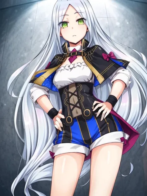 1girl, <lora:Laputa_v1:0.8>laputa,ahoge, shiromusu,shorts, capelet,, <lora:flatBG:-0.5> ,<lora:flat2:-0.5>,(dark light:1.2),(hyper extreme detailed),(masterpeace:0.5),(hyper extreme),(photorealistic),game cg,llustration,novel illustration,beautiful lighting,light from the front,good_hands,beautiful art ,BREAK, <lyco:GoodHands-beta2:1.2>,(good hand,nice hands, perfect hands:1.3),(five finger:1.4),straight fingers,, standing,hand on hip, BREAK