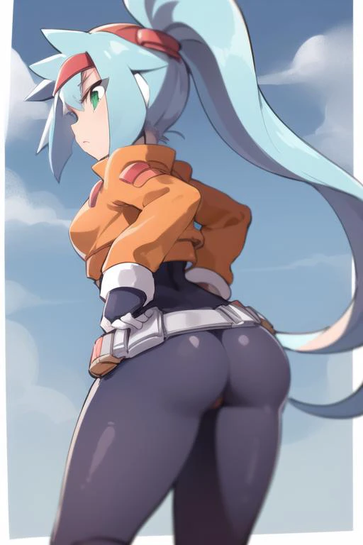 ashe_megamanzxa, 1girl, solo, long hair, gloves, green eyes, ponytail, blue hair, bodysuit, from behind, ass focus, looking away, masterpiece, high quality, <lora:Ashe_MegaMan_ZXA_V-06:0.9>
