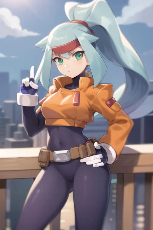ashe_megamanzxa, 1girl, solo, long hair, gloves, green eyes, ponytail, blue hair, bodysuit, looking at viewer, (hand on hip:1.2), masterpiece, high quality, <lora:Ashe_MegaMan_ZXA_V-06:0.9>