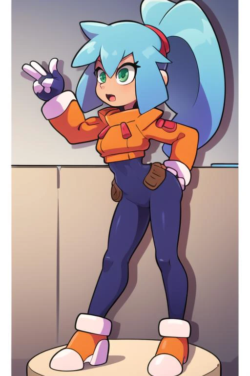 ashe_megamanzxa, 1girl, solo, long hair, green eyes, gloves, bodysuit, ponytail, blue hair, stretching, masterpiece, high quality, <lora:Ashe_MegaMan_ZXA_V-06:0.9>