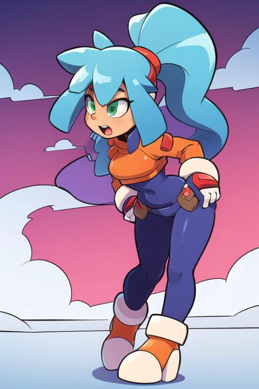 ashe_megamanzxa, 1girl, solo, long hair, green eyes, gloves, bodysuit, ponytail, blue hair, stretching, masterpiece, high quality, <lora:Ashe_MegaMan_ZXA_V-06:0.9>