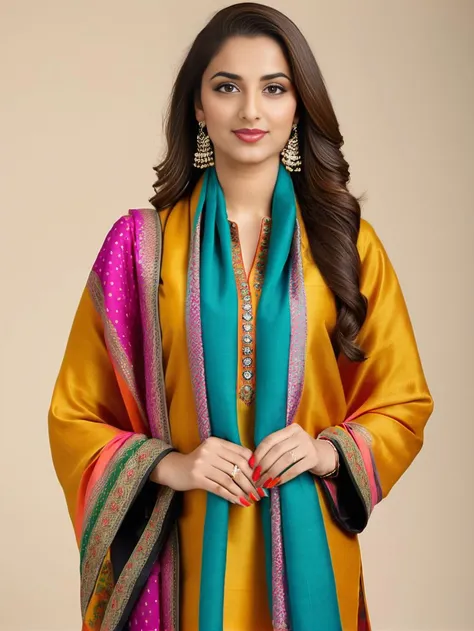 professional portrait photo, fully dressed, plain, 25-year-old, wearing colorful Kashmiri Pashmina Suit,  flat matte background, desi