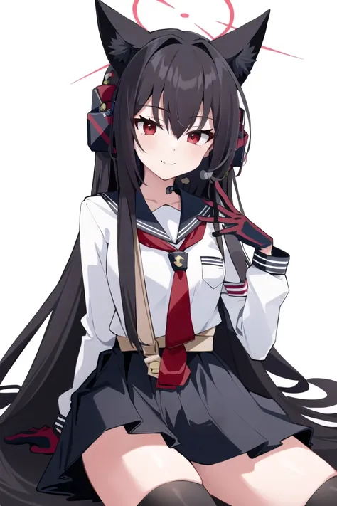 <lora:Shichido Yukino:0.8>, shichido yukino, 1girl, solo, long hair, looking at viewer, black hair, red eyes, long sleeves, white background, animal ears, hair between eyes, pleated skirt, necktie, serafuku, black thighhighs, headphones, halo, two-tone gloves, smile, sitting
