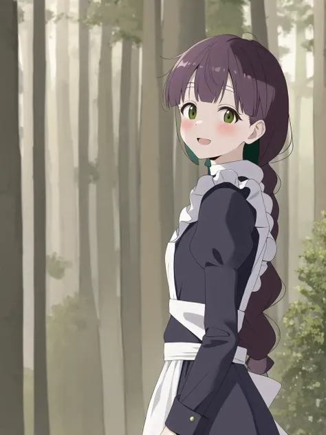masterpiece, best quality,  <lora:DIY_all_mains-20:0.6>,  (takumi hikage), (forest), (maid outfit), (blush), (happy)