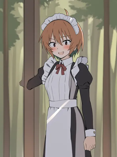 masterpiece, best quality, <lora:DIY_all_mains-20:0.6>, (rei yasaku), (forest), (maid outfit), (blush), (happy)