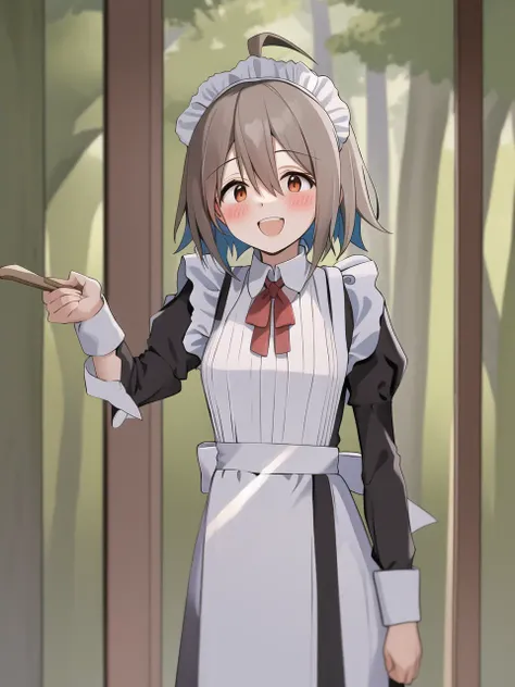 masterpiece, best quality, <lora:DIY_all_mains-20:0.6>, (yua serufu), (forest), (maid outfit), (blush), (happy)