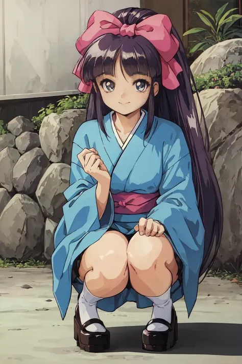 mikomid,1girl,solo,hair bow,1990s (style),retro artstyle,<lora:MikoMidou_V2-E10_(LaBlueGirl):0.6>,short_kimono,smile,squatting,