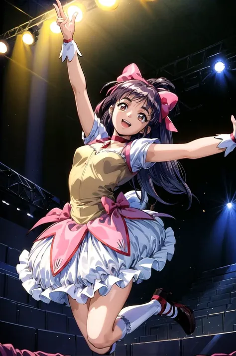 (masterpiece, best quality, detailed), 1girl, solo, looking at viewer, mikomid, 1990s (style), retro artstyle,
<lora:MadokaCostumePackV1_2:0.9>, madoka outfit, stage, stage lights, spotlight, concert, audience, jumping, outstretched arms, arms up, midair, smile, open mouth