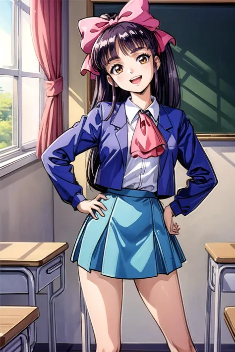 (masterpiece, best quality, detailed), 1girl, solo, looking at viewer, mikomid, 1990s (style), retro artstyle, hair bow, school uniform, ascot, jacket, shirt, skirt,
hands on hips, head tilt, open mouth, smile, smug, teeth, indoors, classroom, school desk, window, school chair, curtains, wind, legs apart,