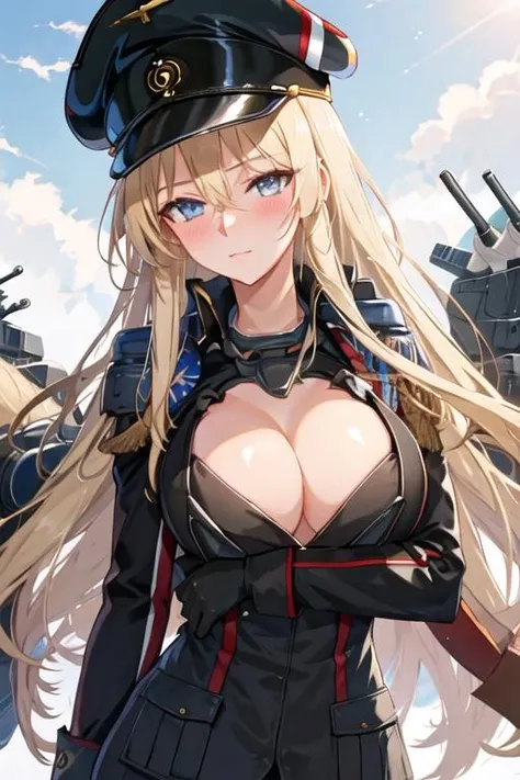 best quality, masterpiece, highres, solo, {bismarck_azurlane:1.15}, blonde_hair, long_hair, blue_eyes, breasts, large_breasts, hat, peaked_cap, hair_between_eyes, blush, military