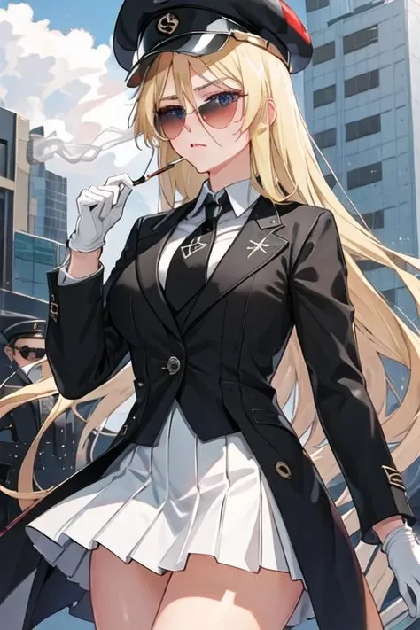 best quality, masterpiece, highres, solo, {black business suit:1.40}, {tie:1.20}, {sunglasses:1.25}, {white gloves:1.15}, {white shirt:1.10}, {black skirt:1.15}, {smoking:1.20}, handsome, {bismarck_azurlane:1.15}, blonde_hair, long_hair, blue_eyes, breasts, large_breasts, hat, peaked_cap, hair_between_eyes, blush, military