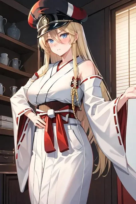 best quality, masterpiece, highres, solo, {white kimono:1.35}, {red hakama:1.35}, {wide sleeves:1.20}, {bismarck_azurlane:1.15}, blonde_hair, long_hair, blue_eyes, breasts, large_breasts, hat, peaked_cap, hair_between_eyes, blush, military
