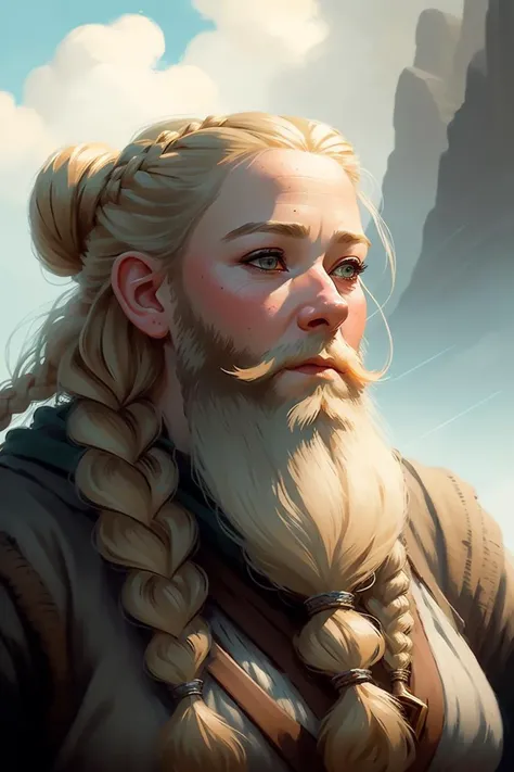 AJAWS, headshot, character concept art of a blonde female dwarf druid with beautifully braided hair and a big bushy braided beard soaring in the sky <lora:15_AJAWS:0.5>