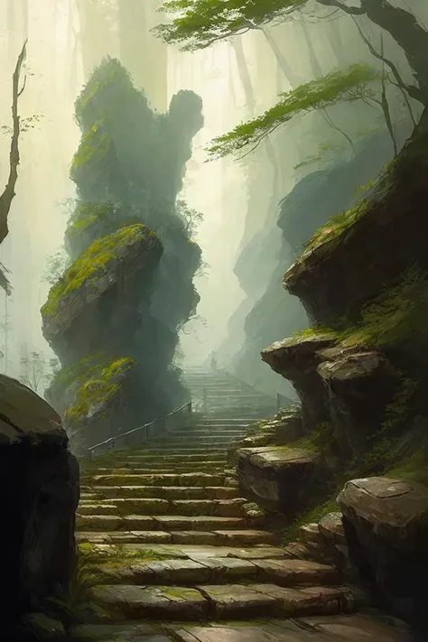 AJAWS, concept art of damp stone steps curving around a promontory in zhangjiajie forest on a misty day <lora:15_AJAWS:0.5>
