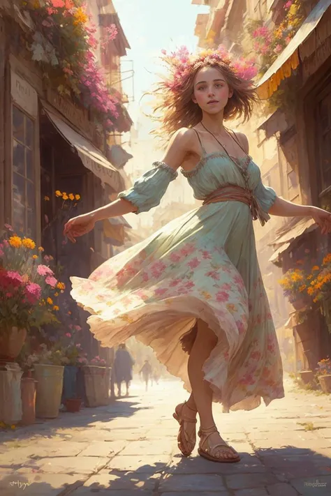 AJAWS, a young carefree bohemian woman dancing through flowery provence street on a warm summer's day in sandals <lora:_AJAWS:0.5>