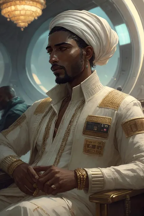 AJAWS, close-up, candid shot character concept art of a beautiful [iranian|nigerian] man with ornate senegalese twists and [gold chain piercings and cybernetic implants:0.8] and a popped collar in a luxury white space station lounge <lora:15_AJAWS:0.5>