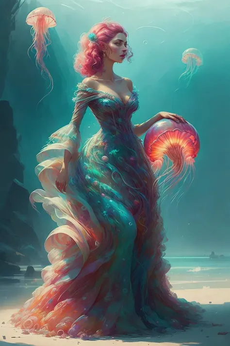 AJAWS, character concept art of a beautiful woman wearing a jellyfish dress, rich vibrant colours <lora:15_AJAWS:0.5>